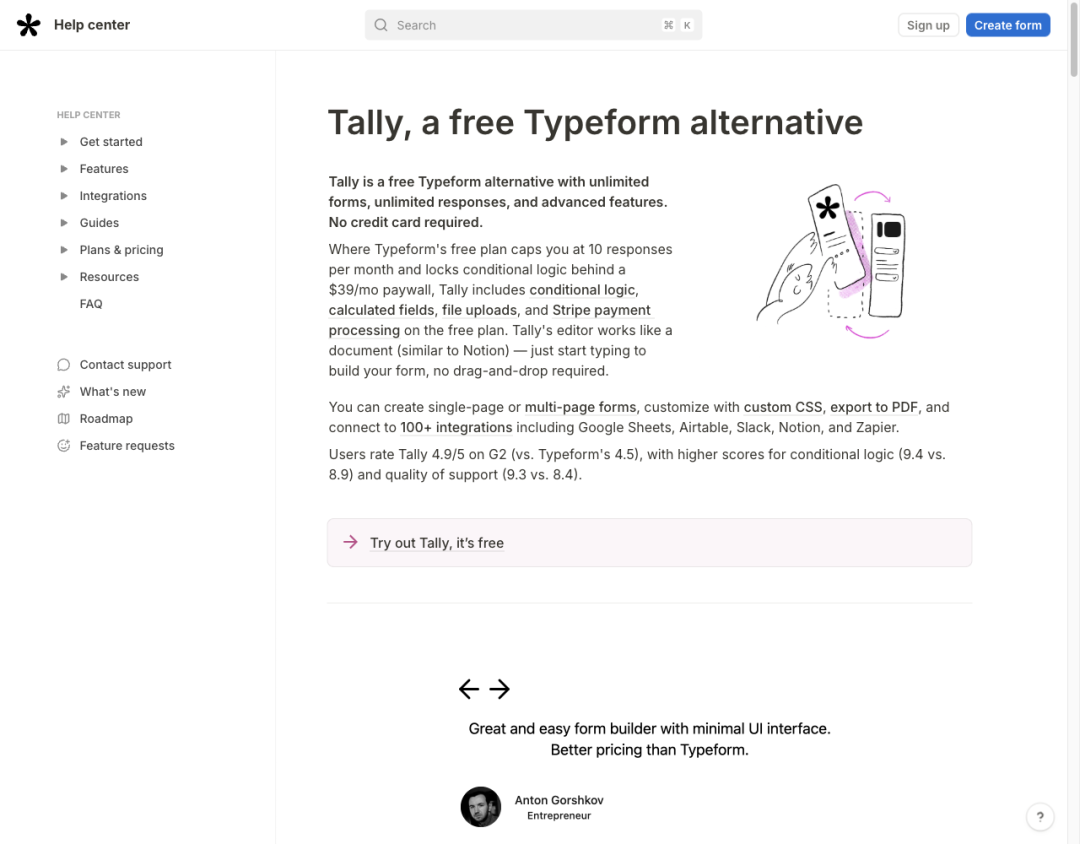 Tally 的 Typeform alternative 页面