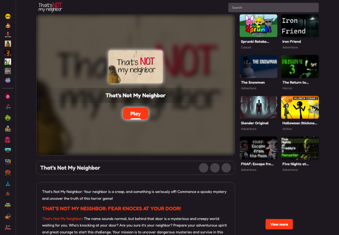 thatsnotmy-neighbor.io 当前首页：原游戏入口仍在中央，但点击后已经无法正常游玩