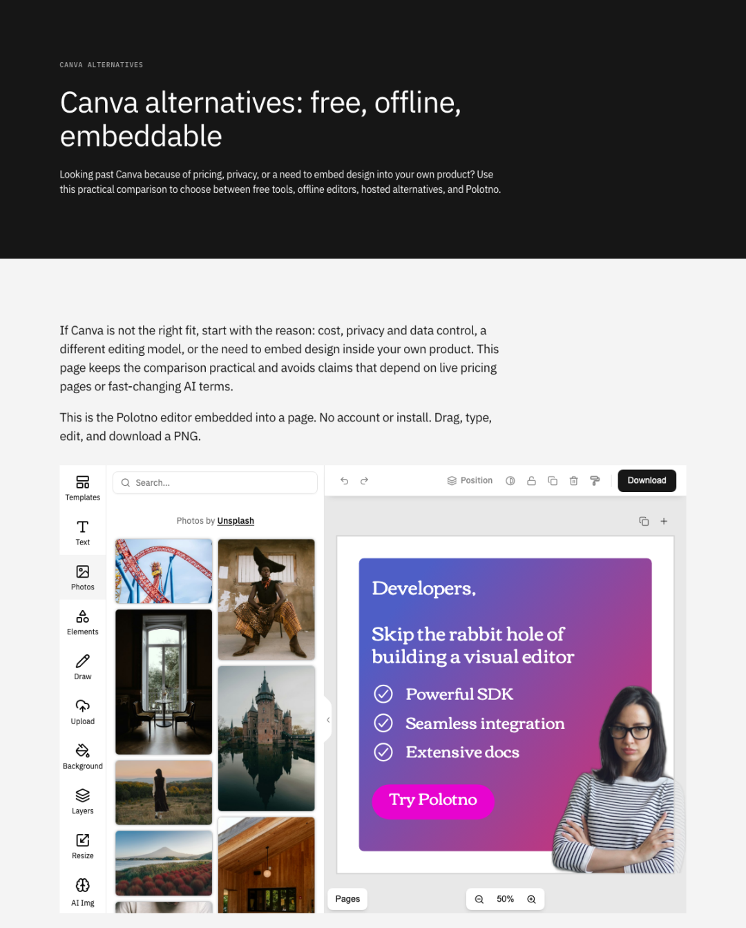 Polotno 的 Canva 替代品页面，内嵌可直接使用的编辑器