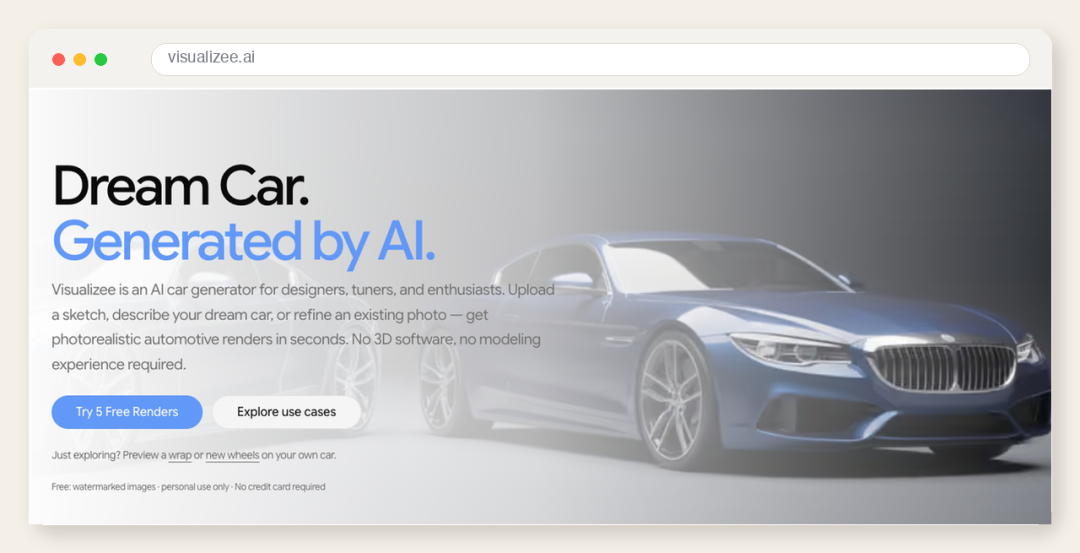 Visualizee 的 AI Car Generator 页面