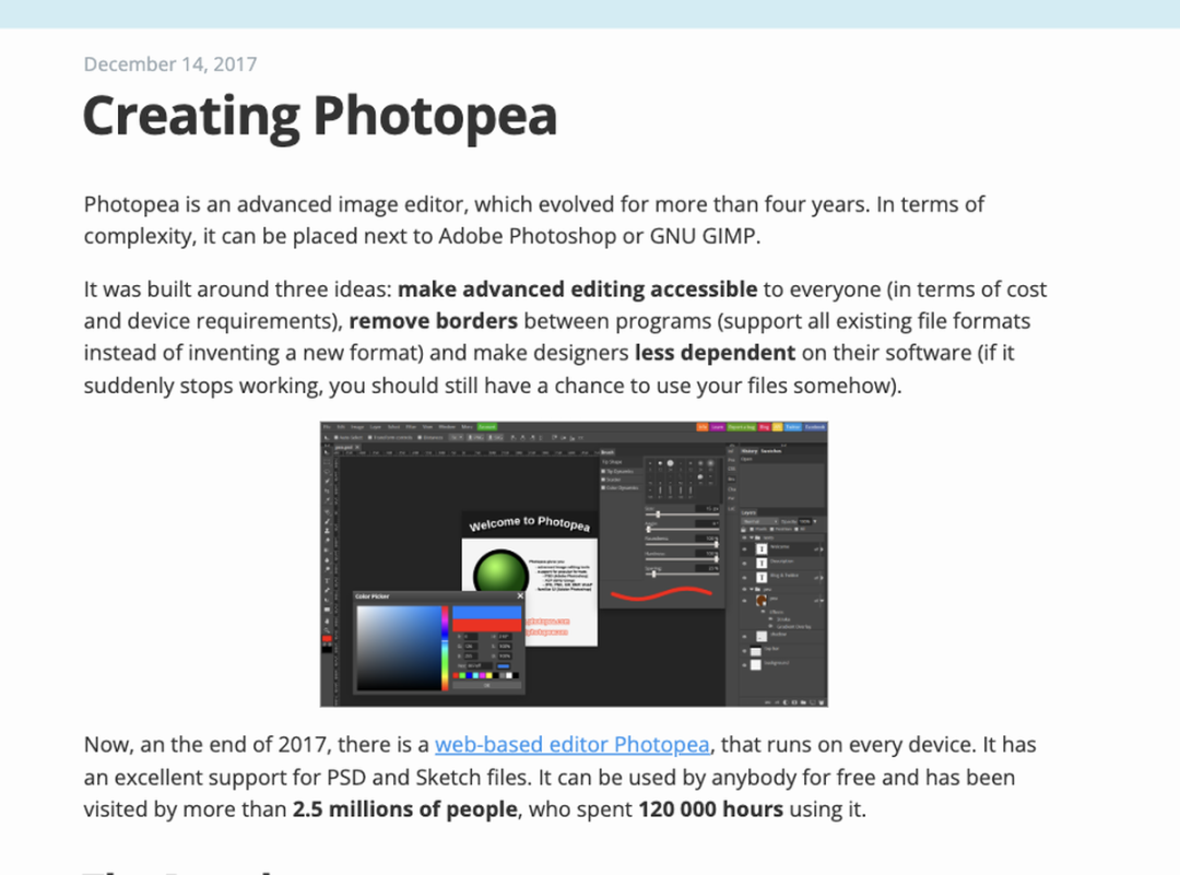 Photopea 官方博客记录的产品目标与早期使用数据