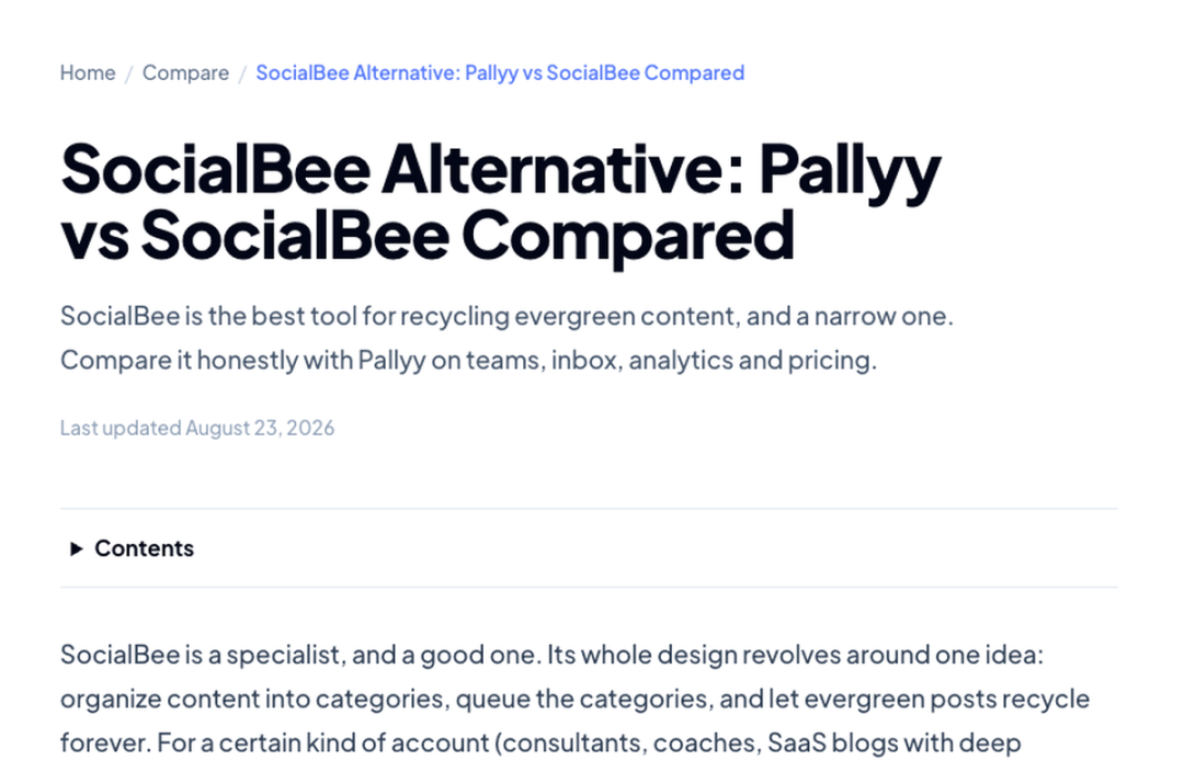 Pallyy 的 SocialBee 竞品对比页
