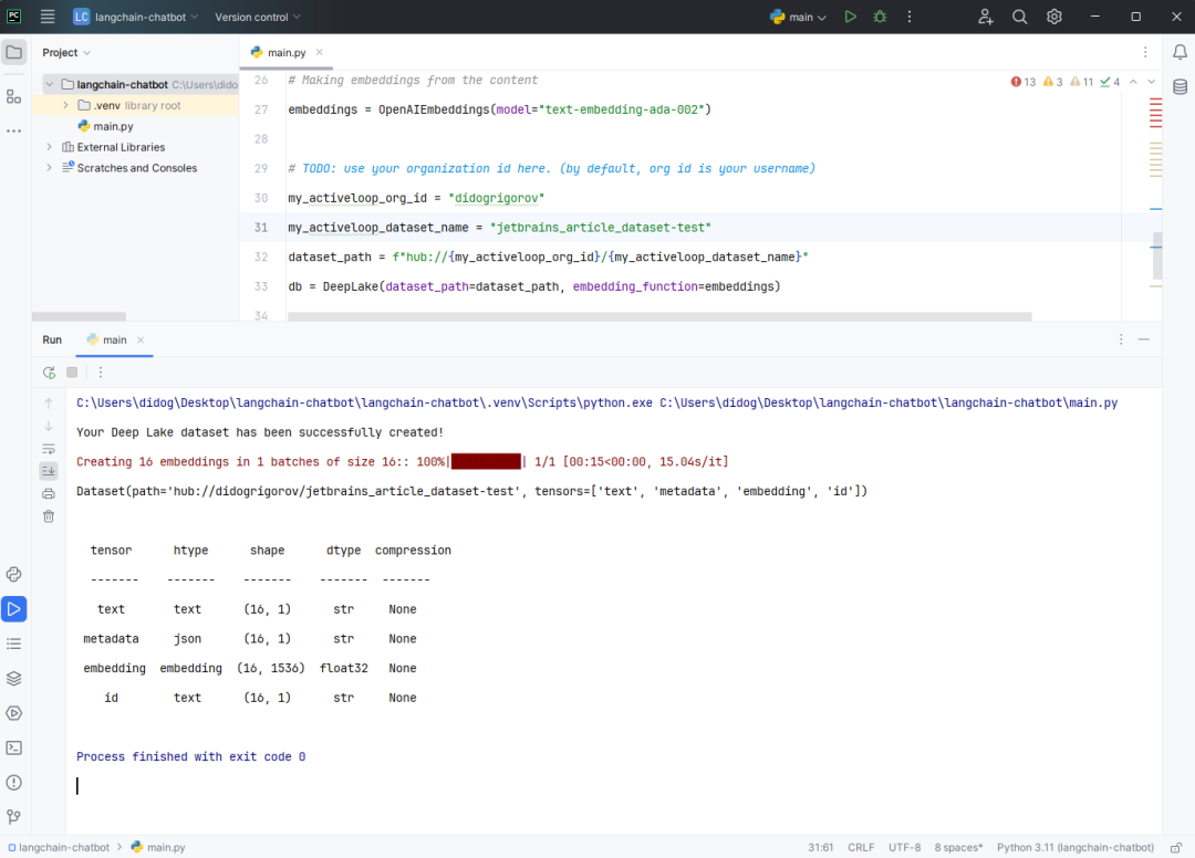 PyCharm 中的聊天机器人代码执行